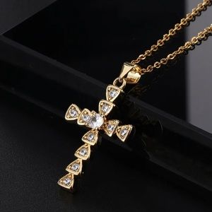 18K Gold Plated Titanium Steel Chain Cubic Zirconia Cross Pendant Necklace